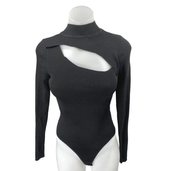 Princess Polly Black Long Sleeve Cutout Ribbed Knit Mock Neck Bodysuit Top S/M - Picture 1 of 4